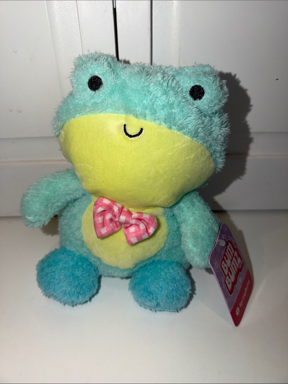 Plush Frog Stuffed Animal Toy - Aqua and Yellow with Pink Bow Bum Bumz Finnley